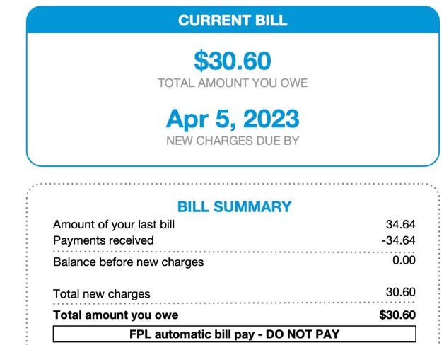 Factura de FPL de un cliente con solar: $30.60